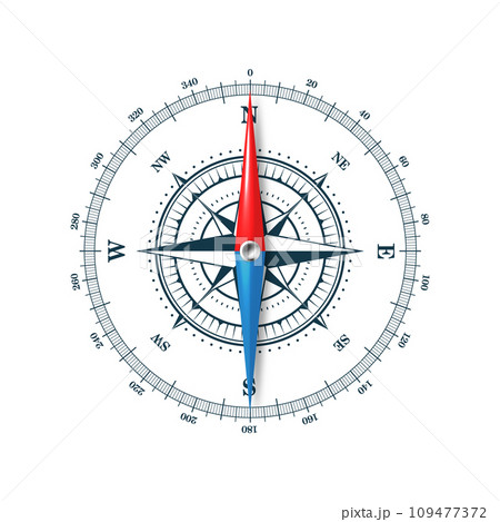 Marine compass, nautical wind rose with cardinal directions of North, East, South, West and degree markings. Geographical position and orientation, cartography and navigation. Vector illustration 109477372