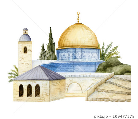 Old town of Jerusalem cityscape with Dome of the Rock with palm trees and cypress watercolor illustration isolated on white background. Qubbat as Sakhra in Al Aqsa on Temple Mount in Israel 109477378