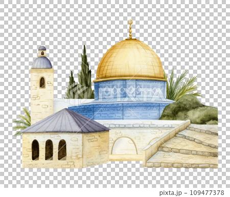 Old town of Jerusalem cityscape with Dome of the Rock with palm trees and cypress watercolor illustration isolated on white background. Qubbat as Sakhra in Al Aqsa on Temple Mount in Israel 109477378