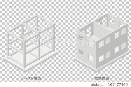 建築構造の図解イラスト、鉄筋コンクリート（RC）のラーメン構造と壁式構造、アイソメトリックのイラスト素材 [109477569] - PIXTA