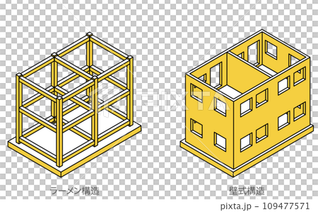 Illustrated illustration of architectural structure, reinforced concrete (RC) rigid frame structure and wall structure, isometric Illustrated illustration of architectural structure, reinforced concrete (RC) rigid frame structure and wall structure, isometric 109477571
