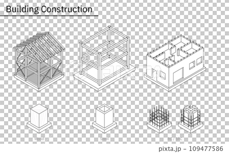Illustrated illustration of architectural structure, isometric illustration of wooden structure, steel frame, reinforced concrete, and steel reinforced concrete 109477586