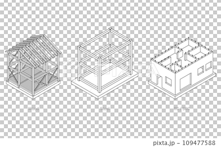 建築構造の図解イラスト、木造・鉄骨・鉄筋コンクリート・鉄骨鉄筋コンクリートのアイソメトリックイラスト 109477588