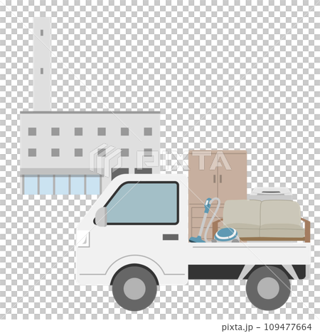 ゴミ処理場と不用品を運ぶ軽トラック 109477664