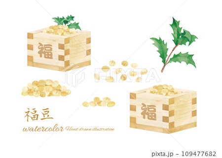 水彩で描いた枡に入った福豆と枡と大豆のベクターイラスト 109477682