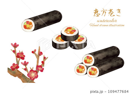 水彩で描いたリアルで美味しそうな巻き寿司のベクターイラスト 109477684