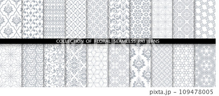 Geometric floral set of seamless patterns. White and gray vector backgrounds. Damask graphic ornaments 109478005