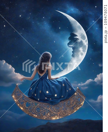 三日月と女性のイラスト アート（AI生成画像） 109478071