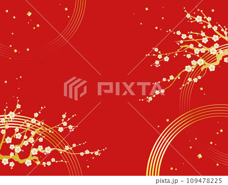 梅の花と水紋の背景イラスト素材 ベクター 白梅 赤背景 109478225