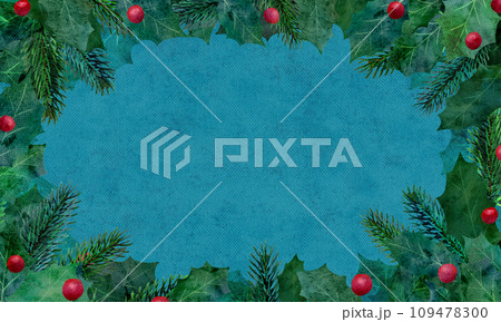もみの木とヒイラギの葉っぱのクリスマスに最適な水彩画イラストフレーム 109478300