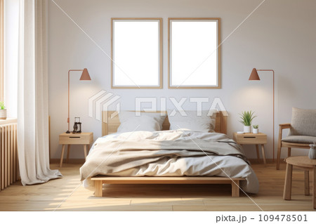 Bedroom in a white apartment with natural wood furniture and a painting, scandi-boho style 109478501