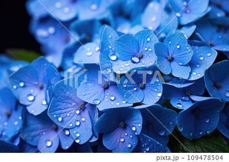 Blue hydrangea flowers on a blue background Blue hydrangea flowers on a blue background 109478504