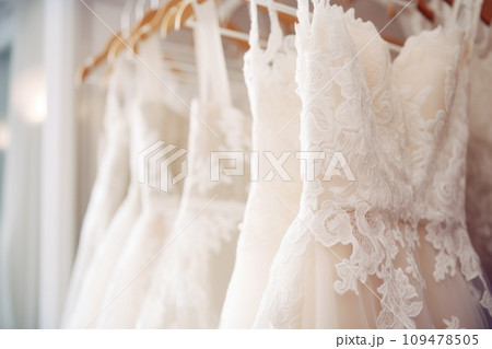 A lot of wedding dresses are hanging on hangers in the salon A lot of wedding dresses are hanging on hangers in the salon 109478505