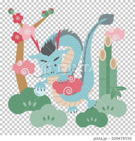 Illustration of pop zodiac signs: dragon and pine, bamboo, and plum 109478550
