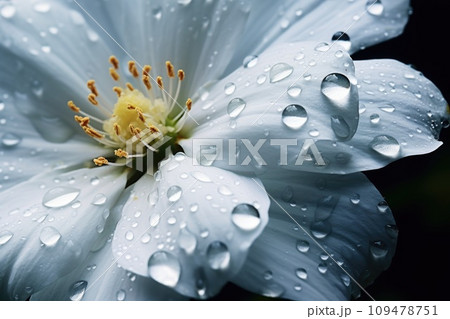 White flower with dew drops on the petals close-up 109478751