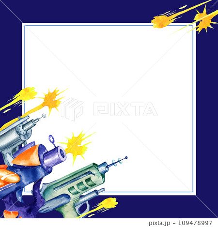 watercolor white square frame with toy guns, fantastic weapons, space pistols, blasters and ray on blue watercolor background, hand draw sketch, illustration for boys watercolor white square frame with toy guns, fantastic weapons, space pistols, blasters and ray on blue watercolor background, hand draw sketch, illustration for boys 109478997
