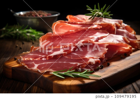 Slices of delicious dried ham with rosemary on a wooden board Slices of delicious dried ham with rosemary on a wooden board 109479195