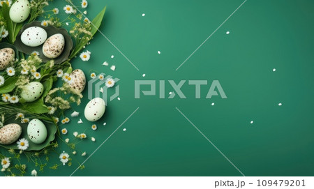 Banner with the image of Easter quail eggs and flowers on a green background Banner with the image of Easter quail eggs and flowers on a green background 109479201