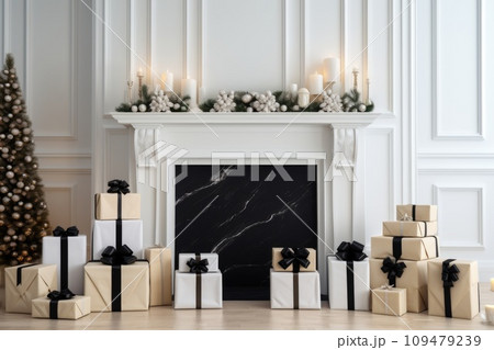 The interior of a room with a fireplace, a Christmas tree and Christmas gifts in white and black 109479239