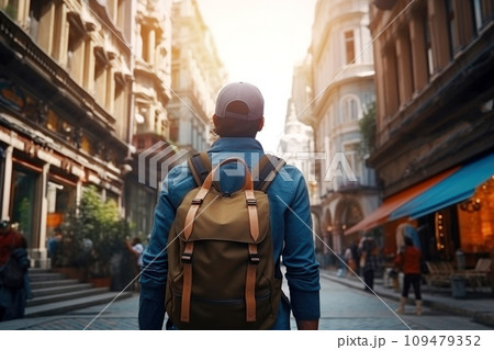 Tourist with a backpack in the city, rear view 109479352