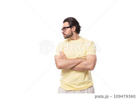 young successful leader european man with a beard and mustache put on glasses for vision correction young successful leader european man with a beard and mustache put on glasses for vision correction 109479360