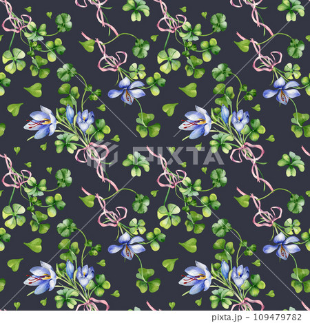 Clover and crocus bunch with ribbon watercolor seamless pattern isolated on blue. Painted green shamrock. Lucky symbol hand drawn. Design element for St.Patricks day, banner, textile, wallpaper Clover and crocus bunch with ribbon watercolor seamless pattern isolated on blue. Painted green shamrock. Lucky symbol hand drawn. Design element for St.Patricks day, banner, textile, wallpaper 109479782