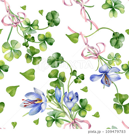 Clover and crocus bunch with ribbon watercolor seamless pattern isolated on white. Painted green shamrock. Lucky symbol hand drawn. Design element for St.Patricks day, banner, textile, wallpaper Clover and crocus bunch with ribbon watercolor seamless pattern isolated on white. Painted green shamrock. Lucky symbol hand drawn. Design element for St.Patricks day, banner, textile, wallpaper 109479783
