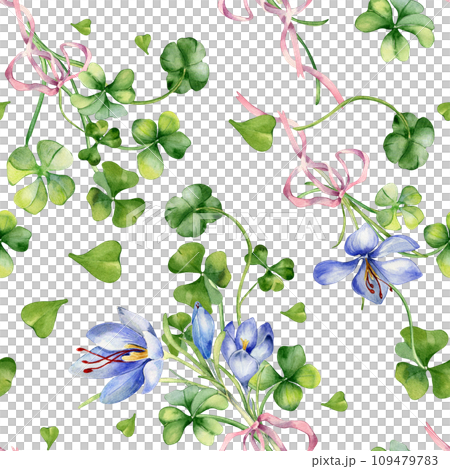 Clover and crocus bunch with ribbon watercolor seamless pattern isolated on white. Painted green shamrock. Lucky symbol hand drawn. Design element for St.Patricks day, banner, textile, wallpaper 109479783