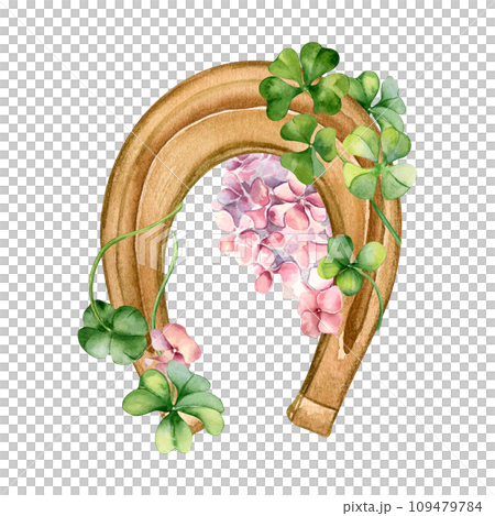 Horseshoe and clover with spring flowers watercolor illustration isolated on white. Painted shamrock, pink hydrangea. Irish lucky symbol hand drawn. Design for St.Patricks day,Easter, springtime card Horseshoe and clover with spring flowers watercolor illustration isolated on white. Painted shamrock, pink hydrangea. Irish lucky symbol hand drawn. Design for St.Patricks day,Easter, springtime card 109479784
