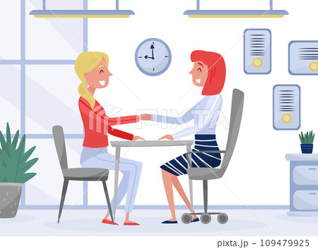 Woman at Job Interview Sit at Table Talking to Manager and Handshake Vector Illustration Woman at Job Interview Sit at Table Talking to Manager and Handshake Vector Illustration 109479925