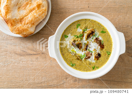 Afghani chicken in green masala curry or Hariyali tikka chicken hara masala with roti or naan bread 109480741
