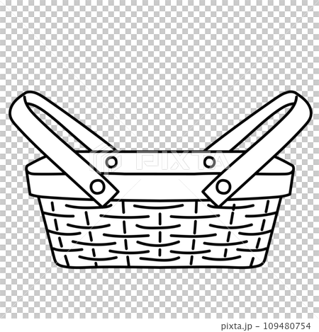 モノクロ_レトロな木のかご、ピクニックバスケットのイラスト素材 109480754