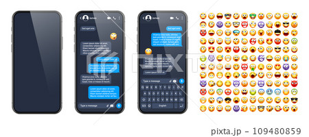 Smartphone messaging app, user interface with emoji. SMS text frame. Chat screen, blue message bubbles. Texting app for communication. Social media application. Dark mode. Vector illustration 109480859