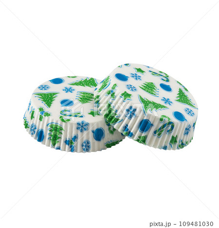 Flat white paper baking forms for muffins and cupcakes with New Year holiday pattern 109481030