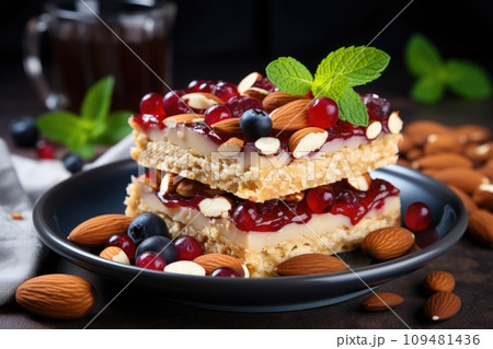 Homemade oatmeal bars with berries and nuts 109481436