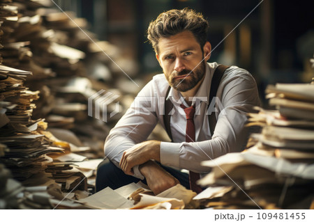 A man sits in a mountain of papers and documents at night in the office 109481455