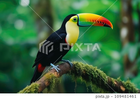 Toucan sits on a branch in the forest, green vegetation Toucan sits on a branch in the forest, green vegetation 109481461