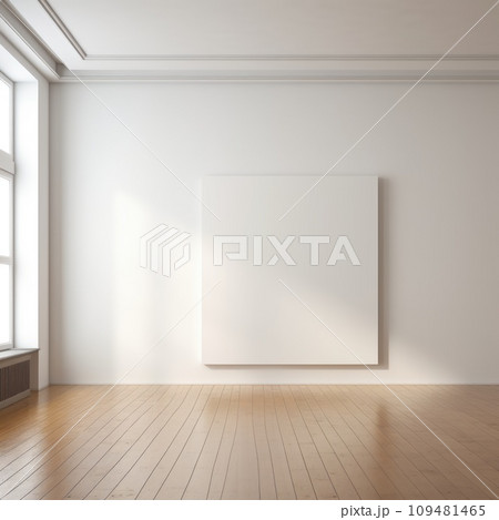 A white empty painting in an art gallery stands on the parquet floor 109481465