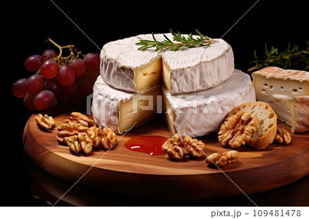 Camembert cheese with rosemary, walnuts and grapes Camembert cheese with rosemary, walnuts and grapes 109481478
