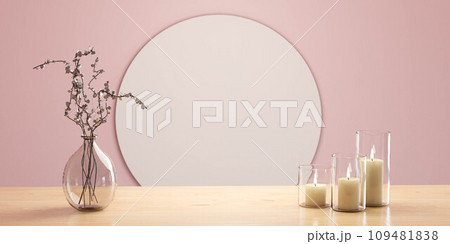 A Beautiful Vase with Colorful Flowers and Elegant Candles on a Decorative Table 3d render illustration 109481838