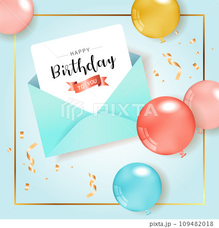 Happy Birthday design Confetti, Balloons for Party Holiday Background. Birthday wishes envelope.  109482018
