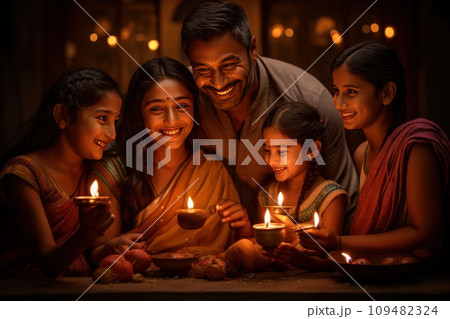 Indian diwali celebrations in happy family. Generative AI 109482324