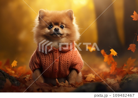 A Pomeranian dog sits in an autumn forest in a sweater 109482467