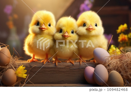 Three little chickens are sitting in a basket with Easter eggs Three little chickens are sitting in a basket with Easter eggs 109482468