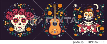 Mexican collection of compositions in the mood of the day of the dead. Vector graphics. 109482602
