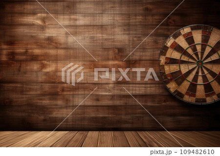 Wooden board with a target for throwing an axe and playing darts Wooden board with a target for throwing an axe and playing darts 109482610
