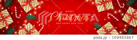 Christmas background. Classic red christmas banner design with realistic top view gift boxes with golden bows and glitter confetti and Merry Christmas and Happy New Year lettering. Vector Christmas background. Classic red christmas banner design with realistic top view gift boxes with golden bows and glitter confetti and Merry Christmas and Happy New Year lettering. Vector 109483867