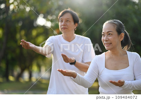 Calm senior couple working out with Tai Chi in the morning at the park. Healthy lifestyle concept Calm senior couple working out with Tai Chi in the morning at the park. Healthy lifestyle concept 109484072