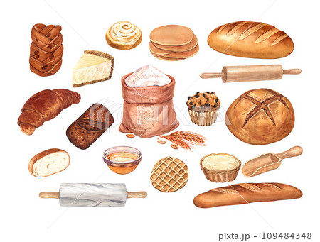 Bakery of wheat flour product. Bread, loaf of rye and french baguette, cookie, cake, cupcake, buns, croissant and marble rolling pin. Watercolor hand-drawn illustration isolated on white background. 109484348