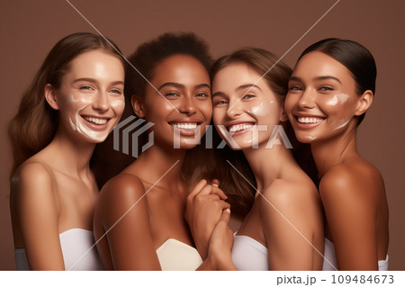 AI-generated content. Skin care concept - diverse group of females laugh and do skin care routine, beige background 109484673